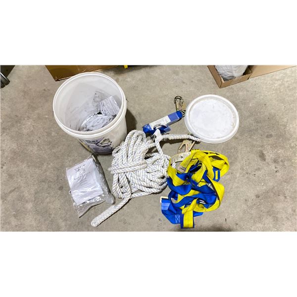 ROOFERS SAFETY BUCKET FULL BODY HARNESS, SHOCK ABSORBING LANYARD, 50' LINE WITH SNAP HOOK, REUSABLE