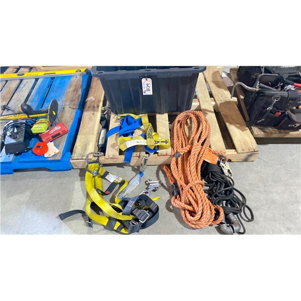 BLACK PLASTIC BIN WITH TWO SAFETY HARNESSES, SHOCK ABSORBING LANYARDS AND ONE SAFETY ROPE 50'