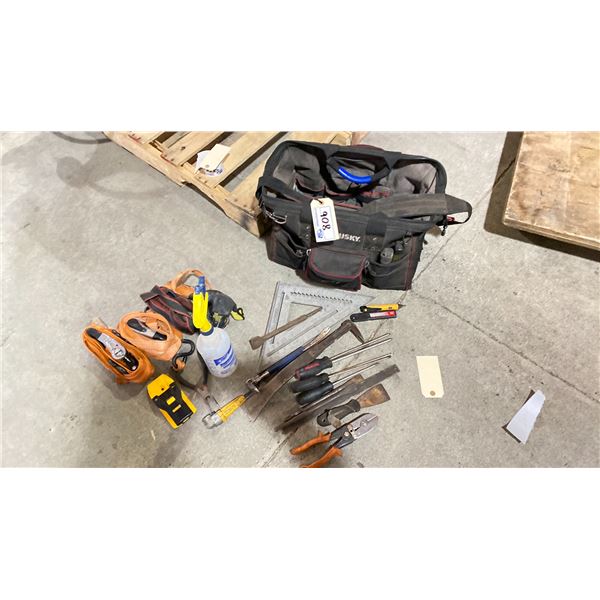 HUSKY TOOL BAG WITH ASST OF TOOLS. TIE DOWN STRAPS, PRY BARS, SCREW DRIVERS, ETC