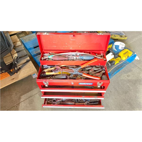 MASTERCRAFT RED METAL TOOLBOX WITH SCREW DRIVERS, DRILL BITS, ALLAN KEYS, WHEEL PULLER, ASST