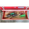Image 4 : MASTERCRAFT RED METAL TOOLBOX WITH SCREW DRIVERS, DRILL BITS, ALLAN KEYS, WHEEL PULLER, ASST