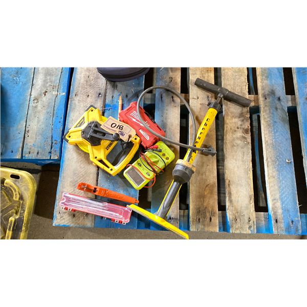 ASST GROUP OF TOOLS. 100' DEWALT TAPE, BIKE PUMP, MULTIMETER, SAW BLADES, PVC CUTTER