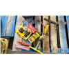Image 1 : ASST GROUP OF TOOLS. 100' DEWALT TAPE, BIKE PUMP, MULTIMETER, SAW BLADES, PVC CUTTER