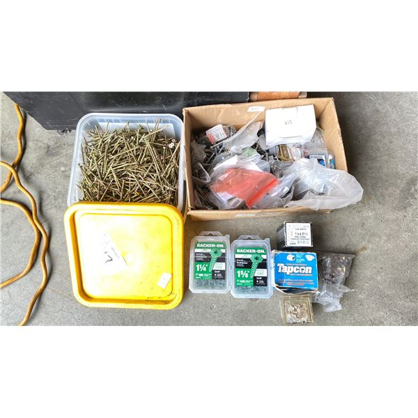 GROUP LOT FULL BIN #8X3" DECK SCREWS, BOX OF ASST SCREWS SOME ARE STAINLESS