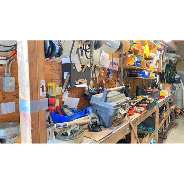GROUP LOT- CONTENTS OF TOOL BENCH ON WEST WALL. INC PAINTS, COMBINATION WRENCHES, SCREWDRIVERS,