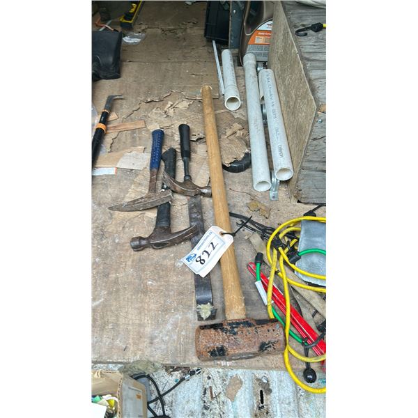 GROUP LOT OF TOOLS - SLEDGE HAMMER, WATER SHUT-OFFS, PICK ETC.,