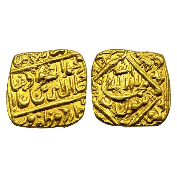 Mughal, Akbar,  (1556-1605 AD), Gold Square Mohur, Probably Contemporary Token, Urdu Zafar Qarin Min