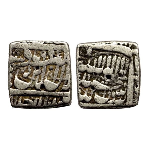 Akbar (AH 963-1014, 1556-1605 AD), Silver Square Rupee, Dar-ul-Sultanat Ahmadabad Mint, AH 995, KM #