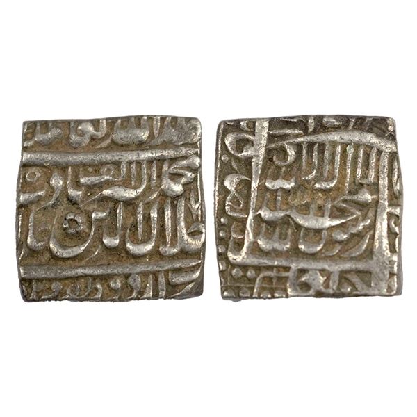 Akbar (1556-1605 AD), silver square rupee, Urdu Zafar Qarin mint, AH Alf (1000), KM 82.8, 11.43g.