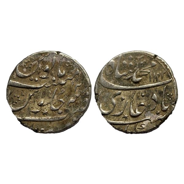 Muhammad Shah (1719 - 1748 AD), silver rupee  probably surat mint, AH 1142/RY 12,11.44g .