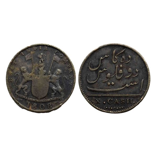 Madras Presidency, Copper 10 Cash, 4.64g, obv. coat of arms of the EIC and date 1808, rev. value in