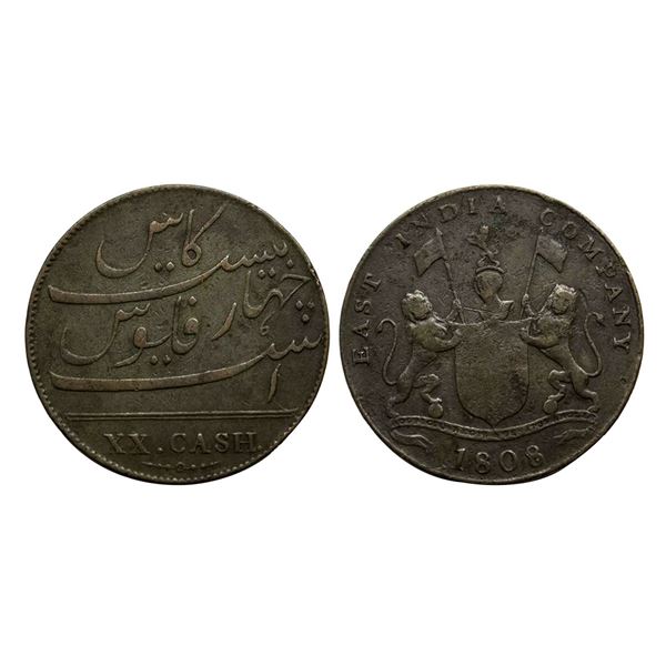 Madras Presidency, Copper 20 Cash, 9.05g, light issue, obv. coat of arms of the EIC and date 1808, r