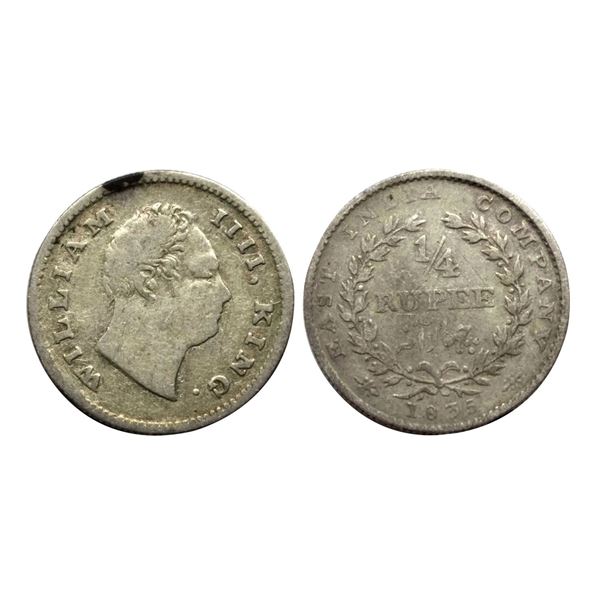 William IV, silver 1/4 rupee, 1835, Calcutta mint, No Initial, wreath with 19 berries (10L+9R).