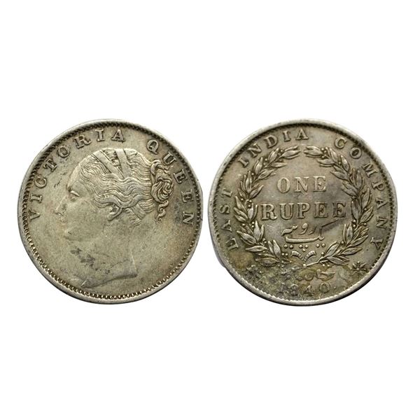 Victoria Queen, Silver Rupee, 1840, continuous legend, Calcutta Mint.