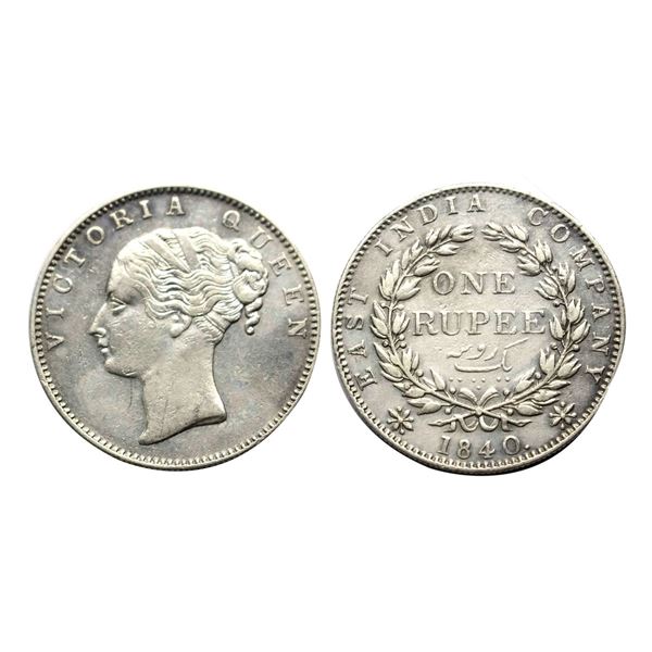 Victoria Queen, Silver Rupee, 1840, continuous legend, 19 berries,