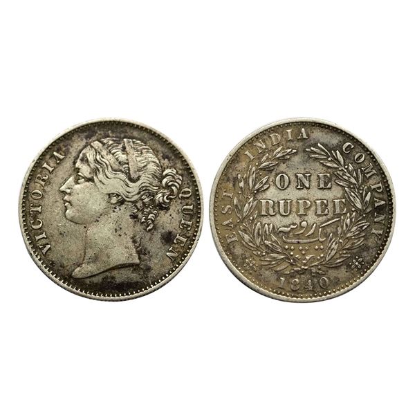 Victoria Queen, Silver Rupee, 1840, divided legend, Calcutta/ Bombay Mint, 28 berries,