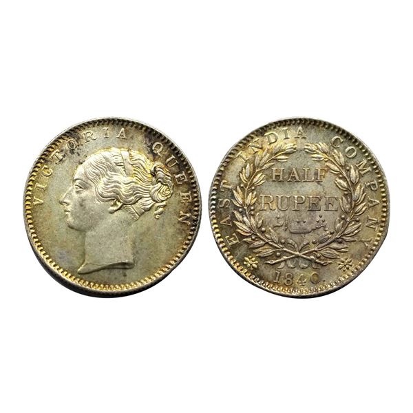 Victoria Queen, Silver1/2, 1840, continuous legend, Madras Mint, 19 berries,