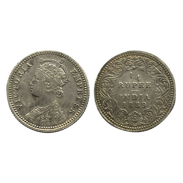 Victoria Empress, Silver 1/4 Rupee, 1889, Calcutta Mint, 'C' Incuse in lower Flower,2.91g.