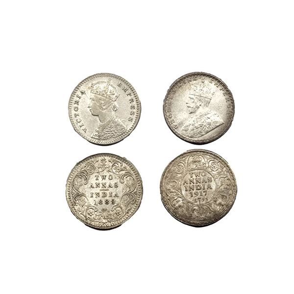Victoria Empress,Silver Two Annas (2pcs),  1889, Calcutta Mint, George V, 1917, Calcutta Mint.