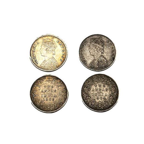 Victoria Empress, Silver Two Annas (2pcs), 1890, Calcutta MInt, 1882, Calcutta Mint, A/1 dot.