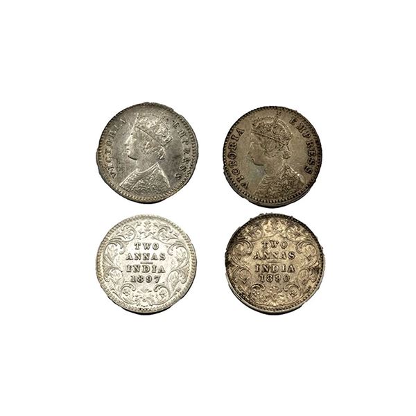 Victoria Empress, Silver Two Annas (2pcs), 1897, Calcutta MInt, 1890, Bombay Mint.