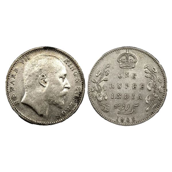 Edward VII, Silver Rupee, 1908, Bombay Mint, 8 over 7.