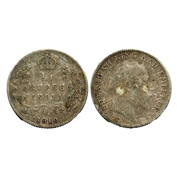 Edward VII, Silver 1/4 Rupee, 1910, Bombay Mint, Dot on Stem,