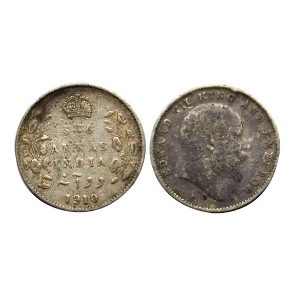 Edward VII, Silver Two Annas, 1910, Bombay Mint, Dot on Stem,
