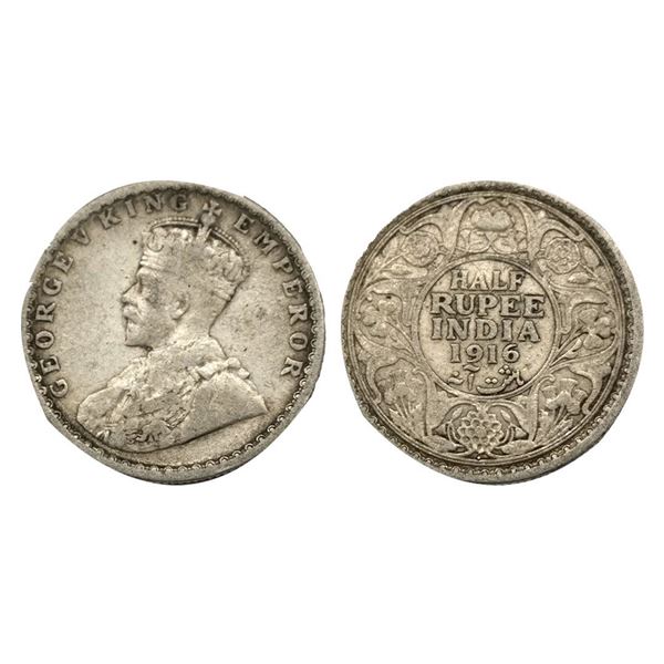 George V, Silver 1/2 Rupee, 1916, Bombay Mint.