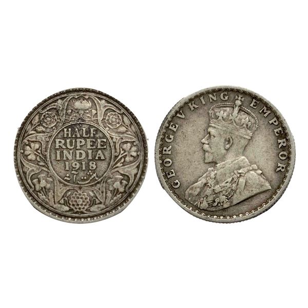 George V King, Silver 1/2, 1918, Bombay Mint,