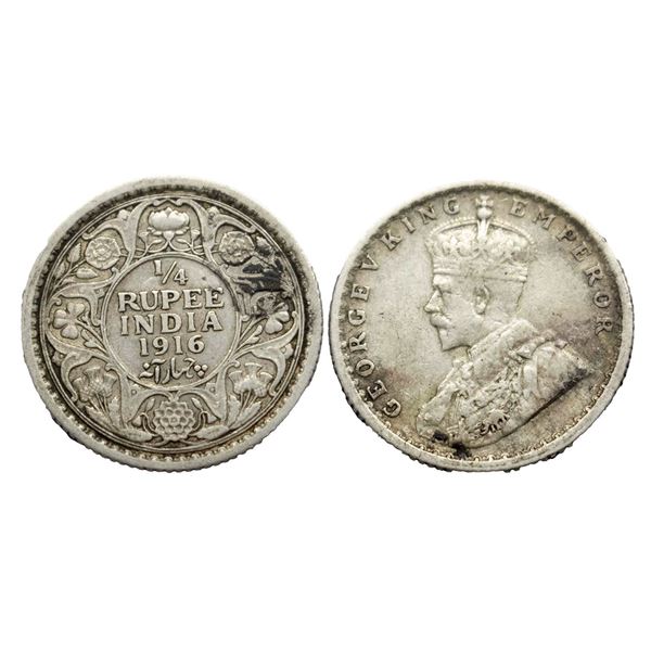 George V King, Silver 1/4 Rupee, 1916, Calcutta Mint,
