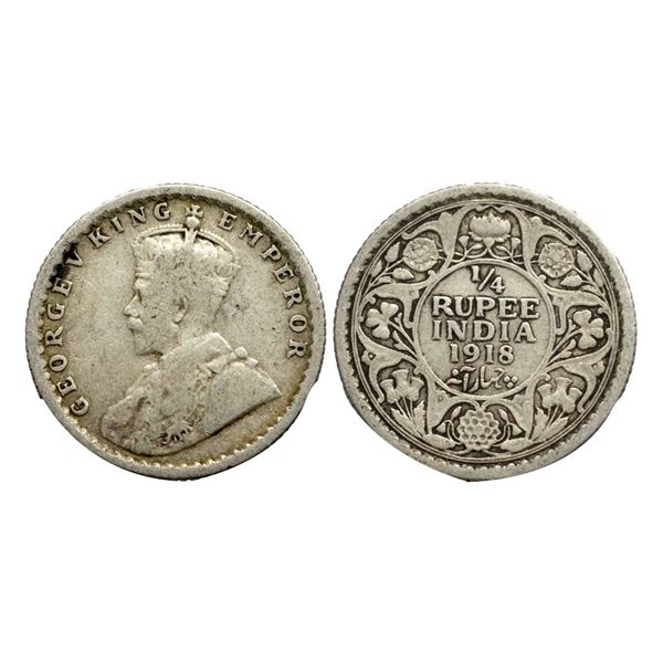 George V King, Silver 1/4 Rupee, 1918, Calcutta Mint,