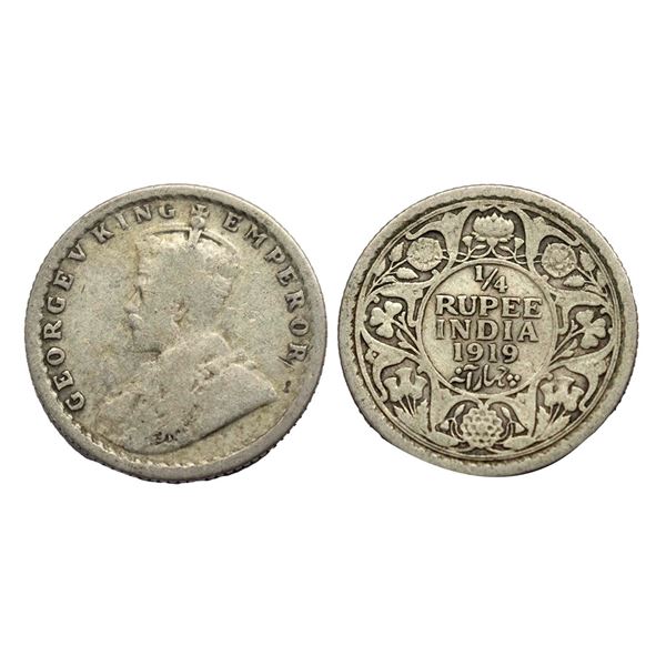 George V King, Silver 1/4 Rupee, 1919, Calcutta Mint,
