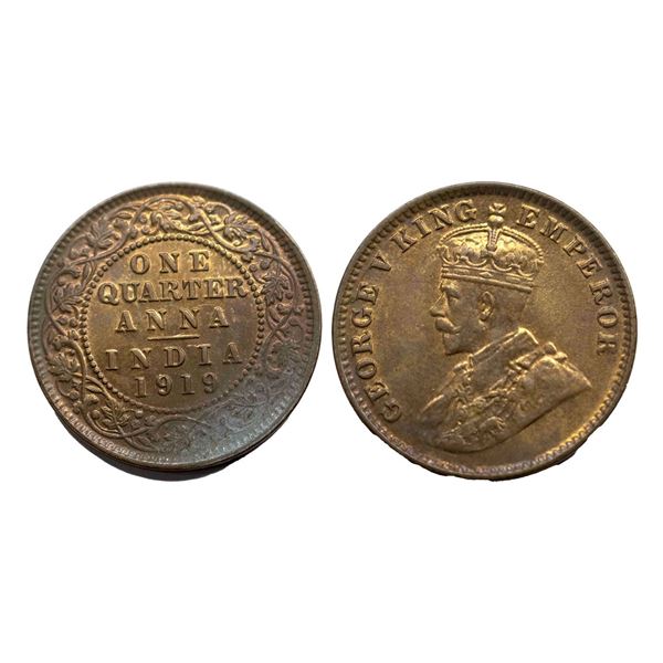 George V King, Bronze One Quarter Anna, 1919, Calcutta Mint,
