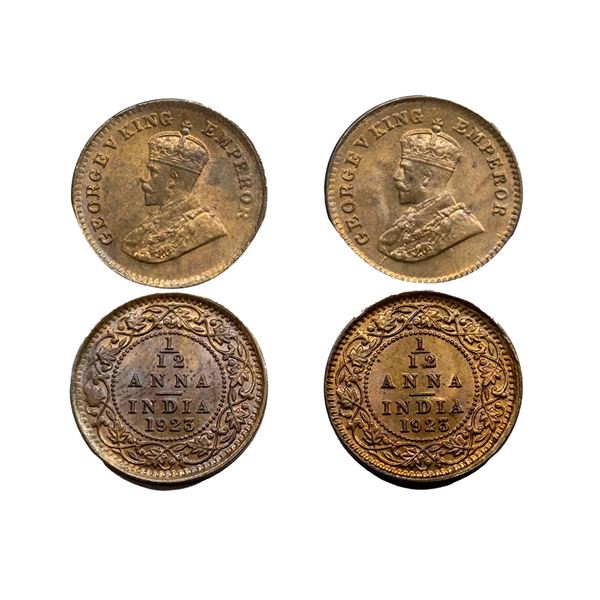 George V King, Bronze 1/12 Anna, (2 Pcs) 1923, Calcutta Mint,