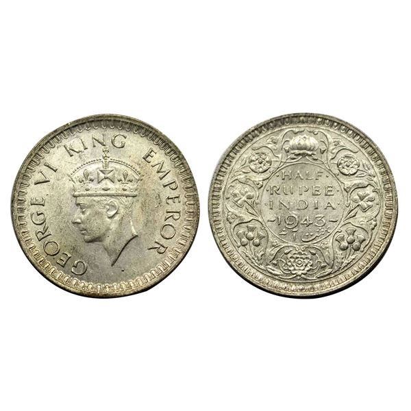 George VI King, Silver (52%) Half Rupee, 1943, Bombay Mint,