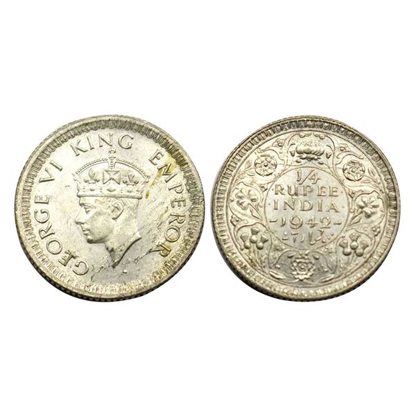 George VI King, Silver (52%) 1/4 Rupee, 1942, Calcutta Mint,