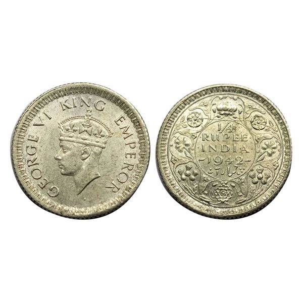 George VI King, Silver (52%) 1/4 Rupee, 1942, Calcutta Mint,