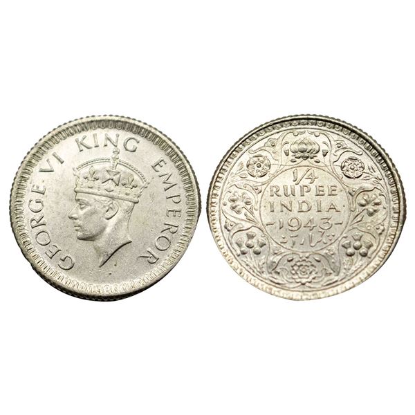 George VI King, Silver (52%) 1/4 Rupee, 1943, Calcutta Mint,