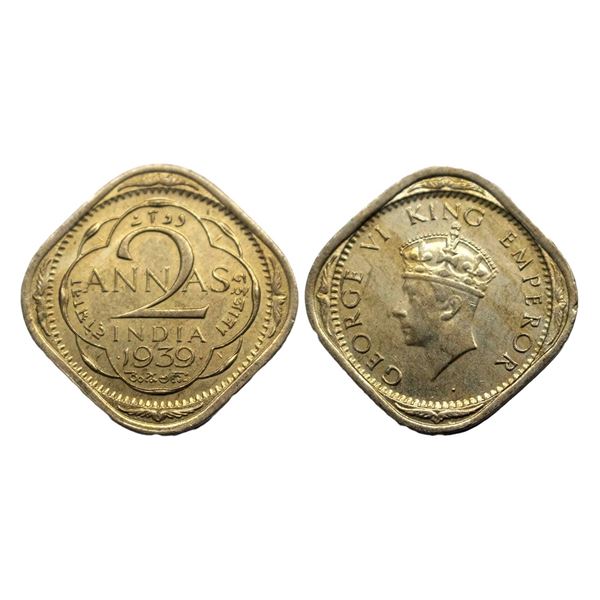 George VI, Copper-Nickel, 2 Annas, 1939, Bombay Mint, Dots by year, Head Type II. F. Prid 914. GK 13