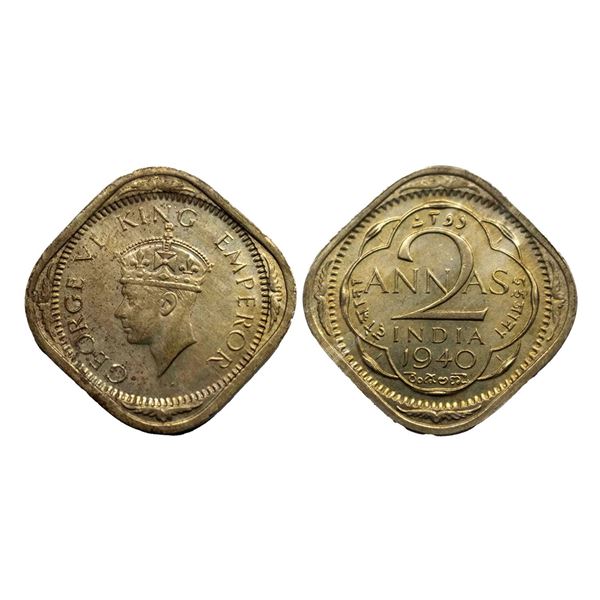 George VI, Copper-Nickel, 2 Annas, 1940, Calcutta Mint Mint, No dots by year, Head Type I. F. Prid U