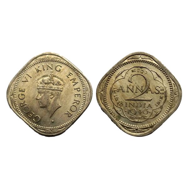 George VI, Copper-Nickel, 2 Annas, 1946, Bombay Mint, Dots by year, Head Type II, Normal numeral 6,