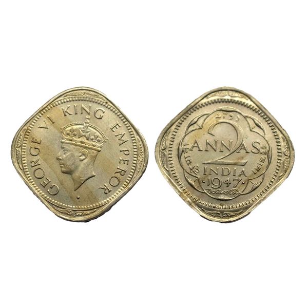 George VI, Copper-Nickel, 2 Annas, 1947, Bombay Mint, Dots dots by year, Head Type II. Mint State.
