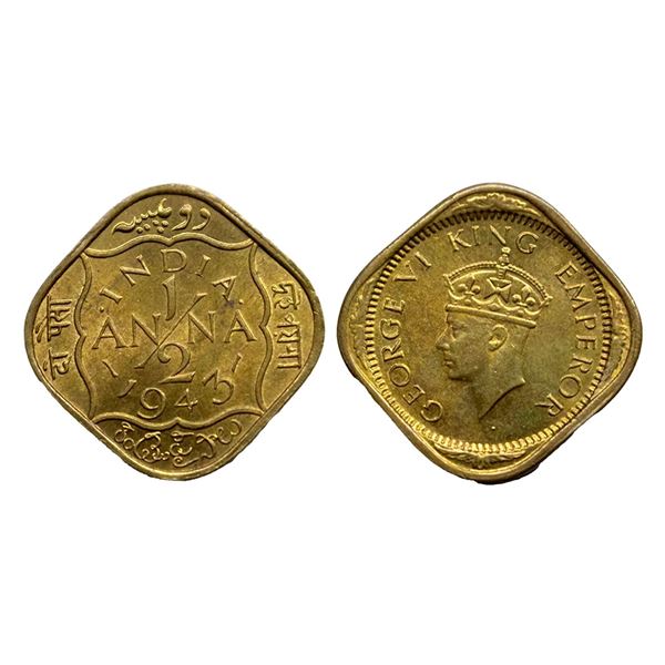 George VI, Nickel-Brass, 1/2 Anna, 1943, Calcutta Mint, Dots by India, Dashes by year,  F. Prid 984.