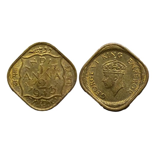 George VI, Nickel-Brass, 1/2 Anna, 1943, Calcutta Mint, Dots by India, Dashes by year,  F. Prid 984.