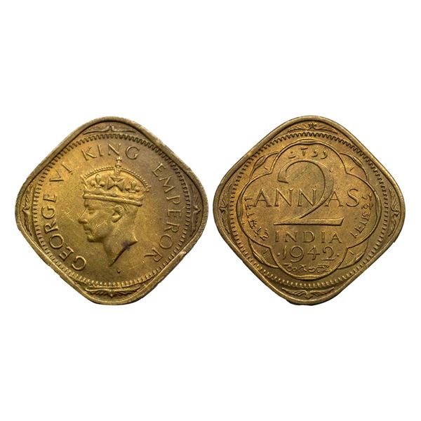 George VI, Nickel-Brass, 2 Annas, 1942, Bombay Mint, Dots by year, Head Type II, Large numeral 4. F.