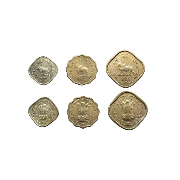 Bull Series, Copper-Nickel, 1950, Bombay Mint, Half Anna, One Anna & Two Annas.