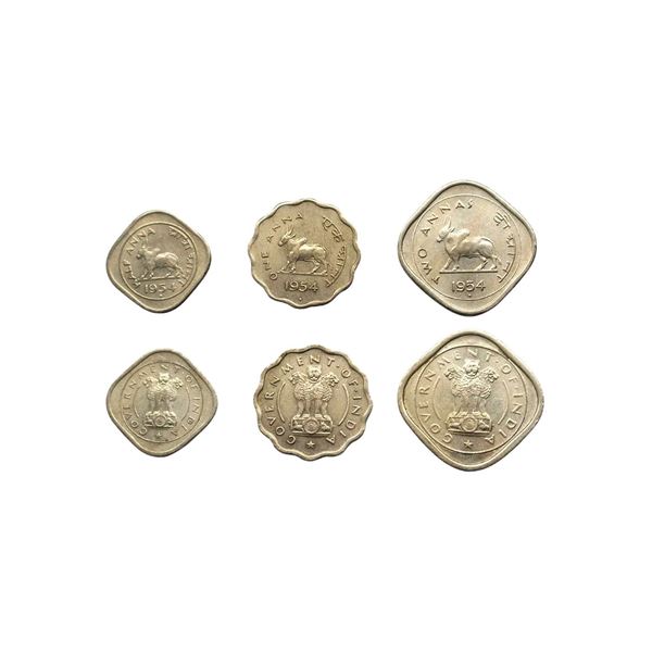 Bull Series, Copper-Nickel, 1954, Bombay Mint, Half Anna, One Anna & Two Annas.