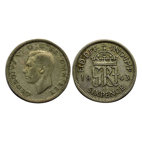 1943 Great  britain sixpence (6d) coin form 1943 featuring king George VI, inscription "FID DFF IND