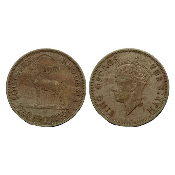 Copper, Nickel, Southern Rhodesia (British colony) ,11.26g, George VI, 2 shillings 1951
